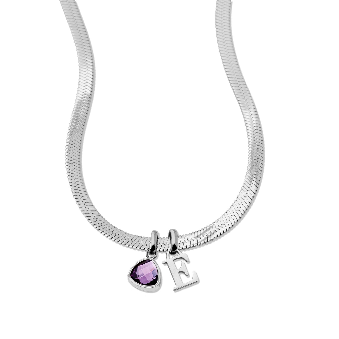 Zilveren slangenketting met letter en geboortesteen