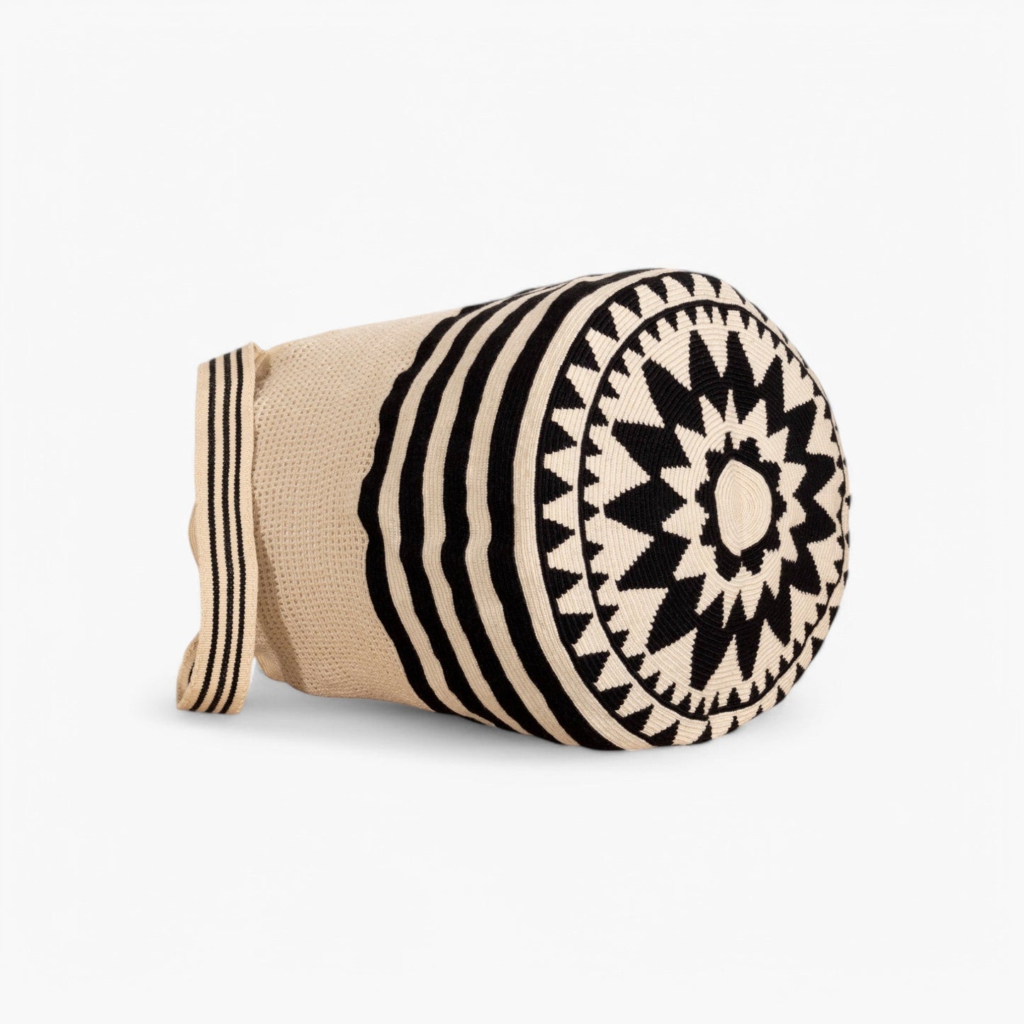 Çizgili file yuvarlak tote çanta | Siyah