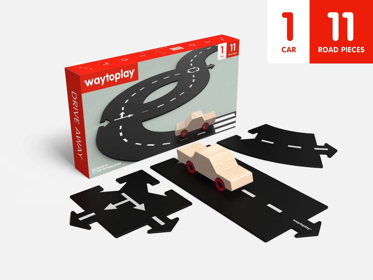 NEW The Drive Away set! This set features 11 roadparts, each designed to flex, curve, and twist in endless configurations, allowing young minds to create their own roads and byways. But that's not all! Unlike our standard sets, the Drive Away set comes co