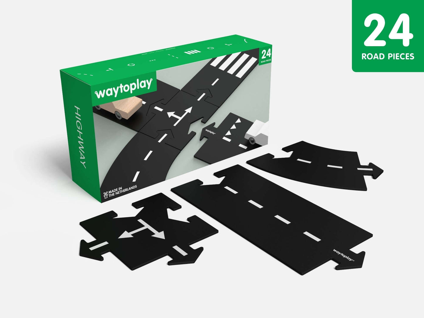 Hit the road with the Highway set from waytoplay, a 24-piece adventure for car lovers! This set is perfect for creating road maps that wind through any play space. Your child can let their creativity run wild, building intricate highways that inspire coun