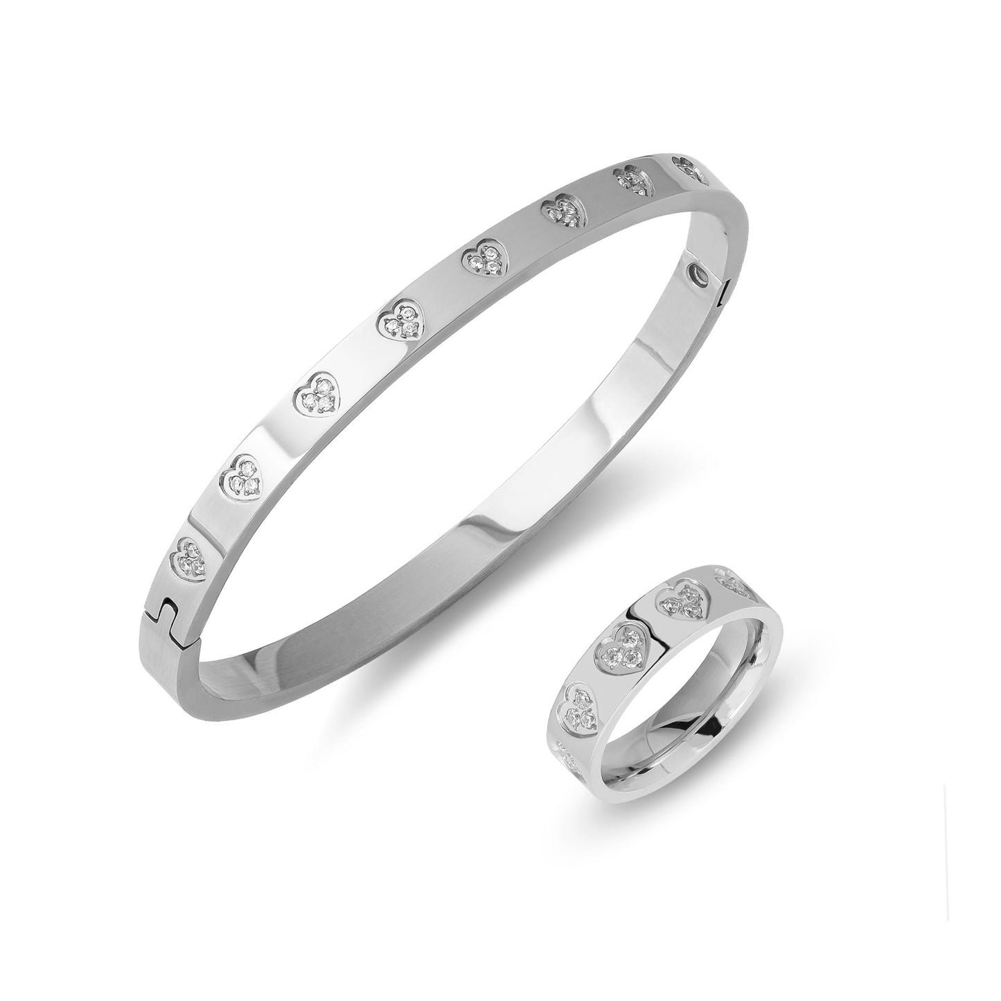 Zirkonia harten armband & ring zilver