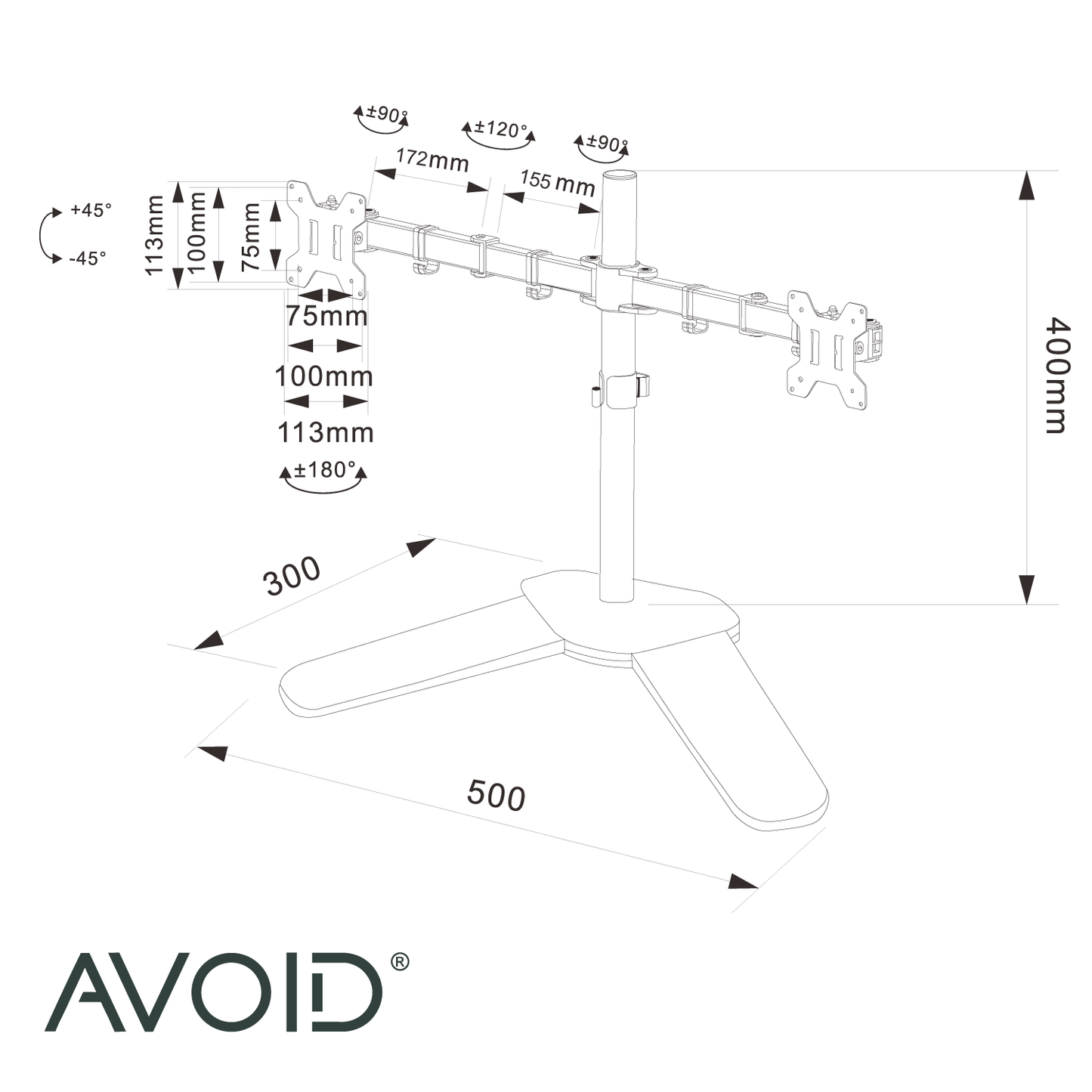 AVOID® - Dubbele Monitorbeugel met Standaard – Verstelbaar & 360° Draaibaar | VESA-100x100