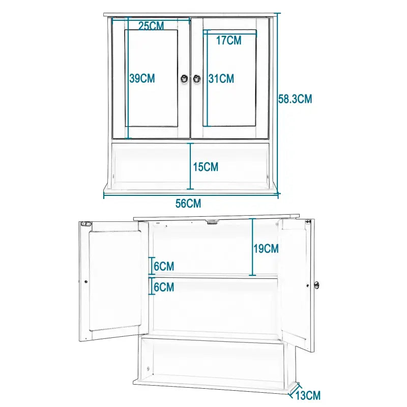 BukkitBow - Badkamerkast met Spiegel / Badkamermeubel - Verstelbare Plank - Duurzaam en Vochtbestendig - Eenvoudig te Onderhouden - 56x13x58,3 cm