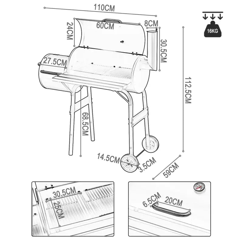 BukkitBow - Houtskoolbarbecue - BBQ van Staal - 3 Grillroosters - 115x53x114 cm - met Uitlaat
