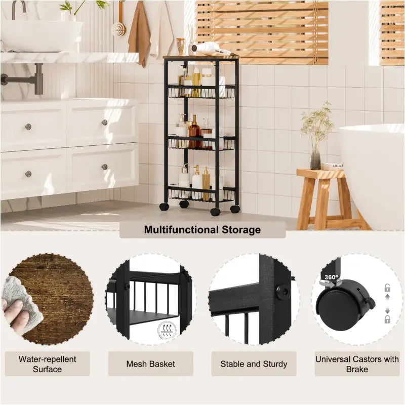 BukkitBow - Keukentrolley met 4 Niveaus - E1 MDF/Metaal - 40x87x20 cm - Verplaatsbaar en Ruimtebesparend - Zwart/Vintage Houtlook