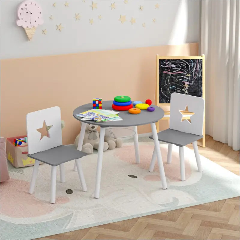 BukkitBow – Kinder Tafel en Stoelen Set – Pijnhout Materiaal – Wit met Grijs – 59.5x46 cm - Tafel met Opbergvak
