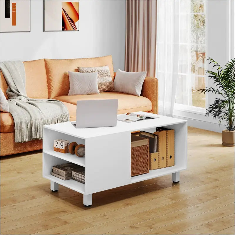 BukkitBow - Koffietafel met Opslagruimte - MDF/Metaal - 90x45x50 cm - Modern en Multifunctioneel - Wit