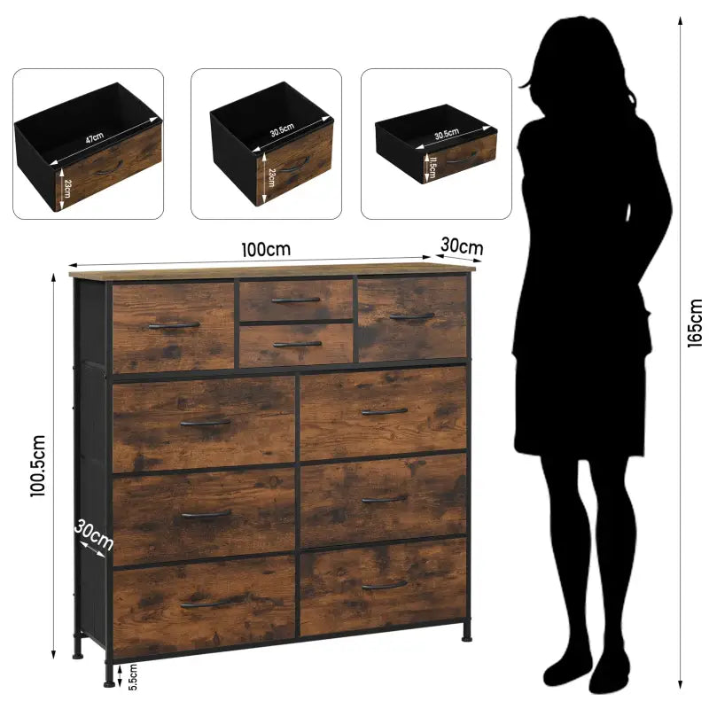 BukkitBow - Ladekast met 10 Stoffen Lades - Hout/Metaal/Vliesstof - 100x100x30 cm - Vintage Industrieel Ontwerp - Rustiek Bruin/Zwart