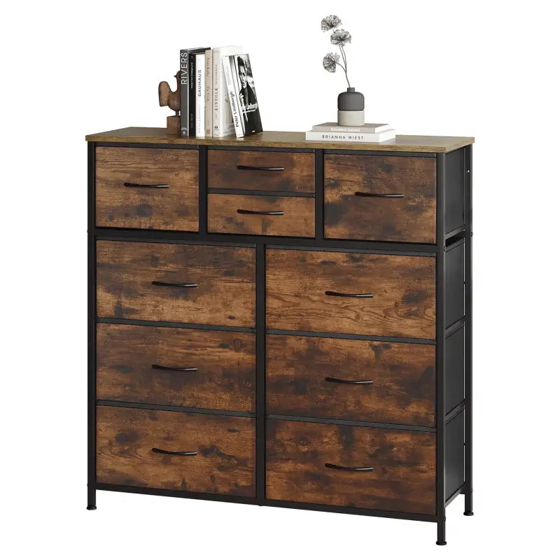 BukkitBow - Ladekast met 10 Stoffen Lades - Hout/Metaal/Vliesstof - 100x100x30 cm - Vintage Industrieel Ontwerp - Rustiek Bruin/Zwart