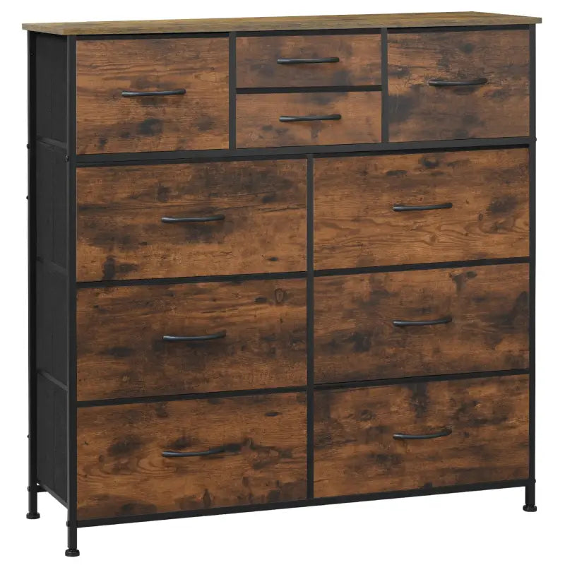 BukkitBow - Ladekast met 10 Stoffen Lades - Hout/Metaal/Vliesstof - 100x100x30 cm - Vintage Industrieel Ontwerp - Rustiek Bruin/Zwart