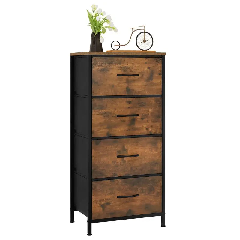 BukkitBow - Ladekast met 4 Stoffen Lades - Hout/Metaal/Non-woven Stof - Vintage Industrieel Ontwerp - 45x94.5x30 cm - Rustiek Bruin/Zwart