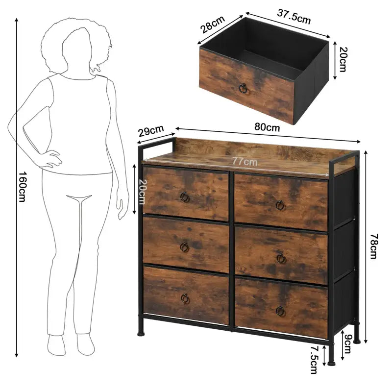 BukkitBow - Ladekast met 6 Stoffen Lades - Met Opslagplank van Hout/Metaal/Non-woven Stof - 80x29x78 cm - Rustiek Bruin/Zwart