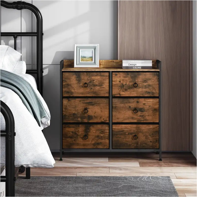 BukkitBow - Ladekast met 6 Stoffen Lades - Met Opslagplank van Hout/Metaal/Non-woven Stof - 80x29x78 cm - Rustiek Bruin/Zwart