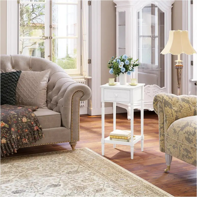 BukkitBow - Nachtkastje - met Lade en Blank - Barok - Massief Houten Poten - Wit