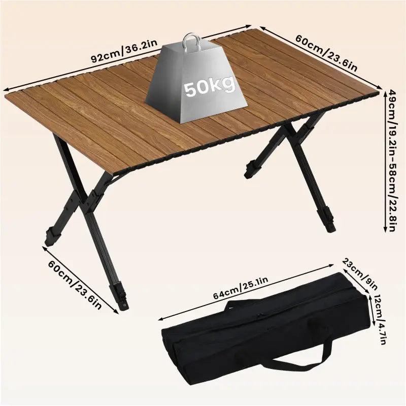 BukkitBow - Opvouwbare Campingtafel - Aluminium en Kunststof - Verstelbare Hoogte - 50 kg Draagvermogen - Houtlook