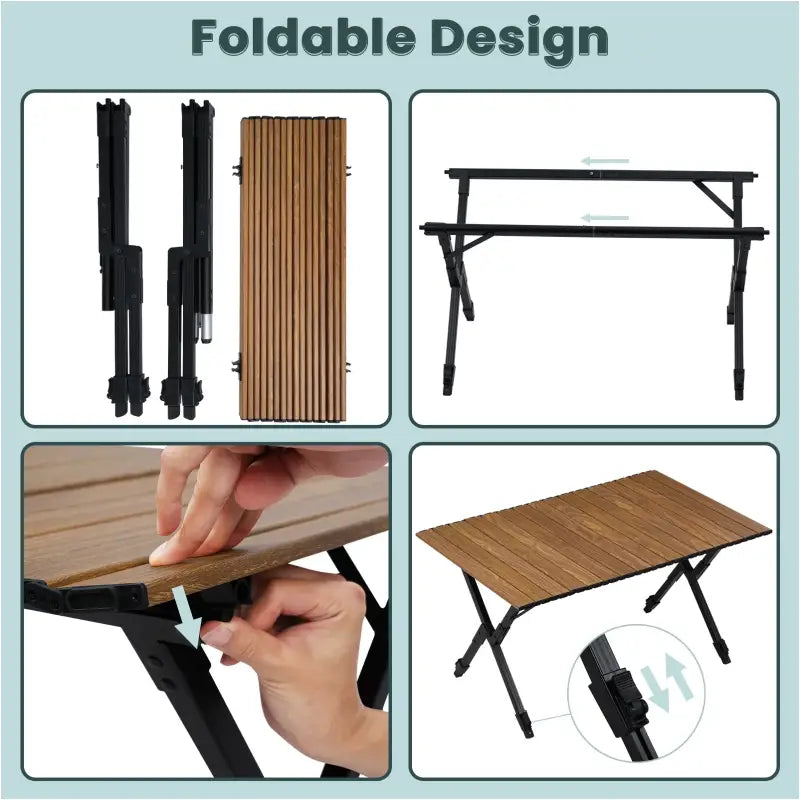 BukkitBow - Opvouwbare Campingtafel - Aluminium en Kunststof - Verstelbare Hoogte - 50 kg Draagvermogen - Houtlook