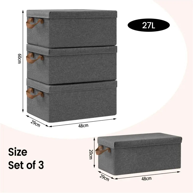 BukkitBow - Opvouwbare Opbergdozen - Polyester/Metaal/ - Met Deksel en Handvatten - Set van 3 Stuks - Grijs