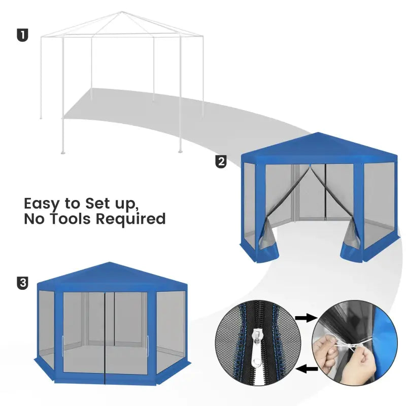BukkitBow - Partytent met Hor Zijwanden – Zeshoekige Tent Opvouwbaar – Zonbestendig met Vliegenhor – Tuinpaviljoen 380 x 360 cm – Blauw