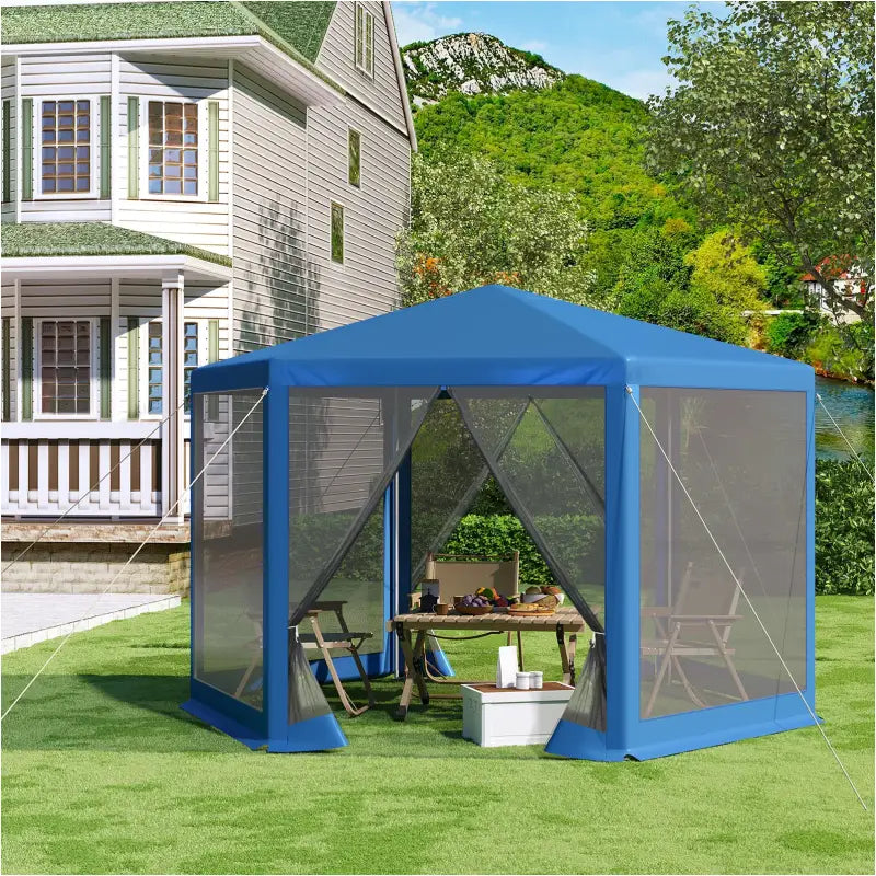 BukkitBow - Partytent met Hor Zijwanden – Zeshoekige Tent Opvouwbaar – Zonbestendig met Vliegenhor – Tuinpaviljoen 380 x 360 cm – Blauw