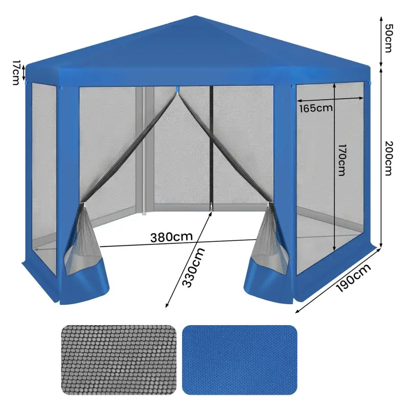 BukkitBow - Partytent met Hor Zijwanden – Zeshoekige Tent Opvouwbaar – Zonbestendig met Vliegenhor – Tuinpaviljoen 380 x 360 cm – Blauw