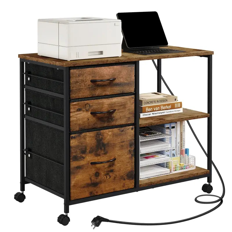 BukkitBow - Verrijdbaar Ladeblok - Houtmateriaal/Metaal - 80x66x40 cm - Met Stopcontacten en USB-poorten - Vintage Bruin