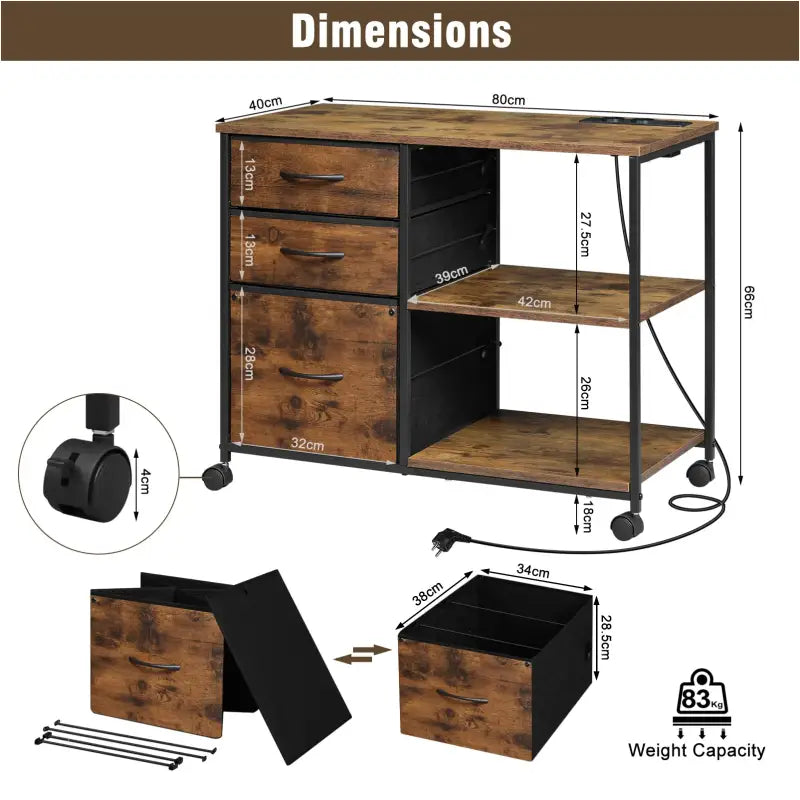 BukkitBow - Verrijdbaar Ladeblok - Houtmateriaal/Metaal - 80x66x40 cm - Met Stopcontacten en USB-poorten - Vintage Bruin