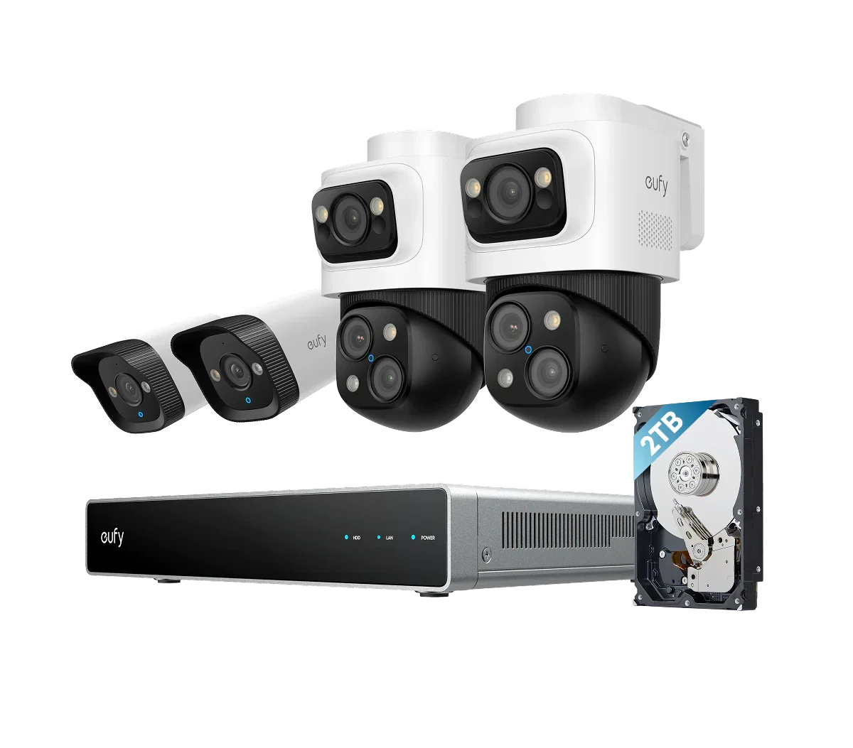 Beveiligingscameraset; PoE-recorder, 2x Bulletcam en 2x PTZ-camera