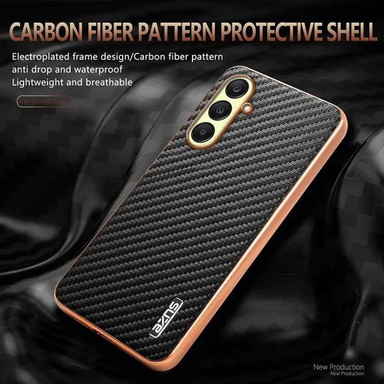 Voor Samsung Galaxy A17 4G / 5G AZNS gegalvaniseerde rand koolstofvezel textuur telefoonhoesje (bruin)