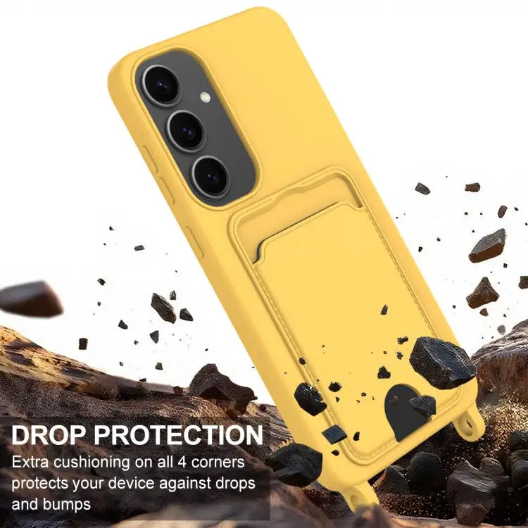 Voor Samsung Galaxy S24+ 5G Geïntegreerde Kaarthouder Effen Kleur Vloeibare Siliconen Telefoonhoes Gen2 met Korte Lanyard (Geel)
