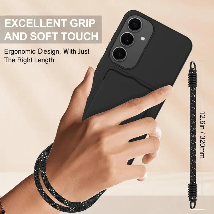 Voor Samsung Galaxy S24+ 5G Geïntegreerde Kaarthouder Effen Kleur Vloeibare Siliconen Telefoonhoes Gen2 met Korte Lanyard (Zwart)