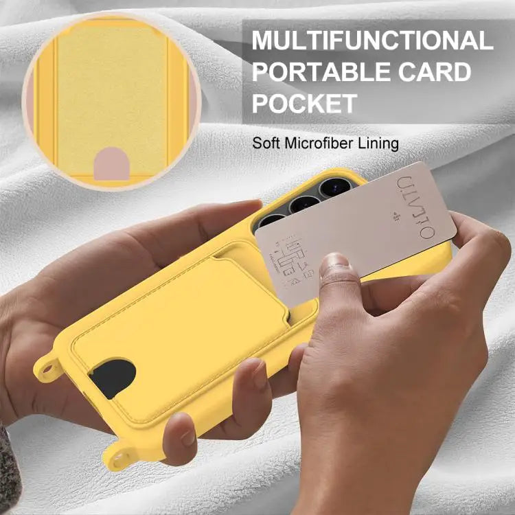 Voor Samsung Galaxy S24+ 5G Geïntegreerde Kaarthouder Effen Kleur Vloeibare Siliconen Telefoonhoes Gen2 met Korte Lanyard (Geel)