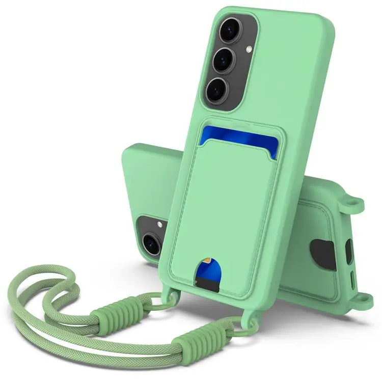 Voor Samsung Galaxy S25+ 5G Geïntegreerde Kaarthouder Effen Kleur Vloeibare Siliconen Telefoonhoes Gen2 met Korte Lanyard (Groen)
