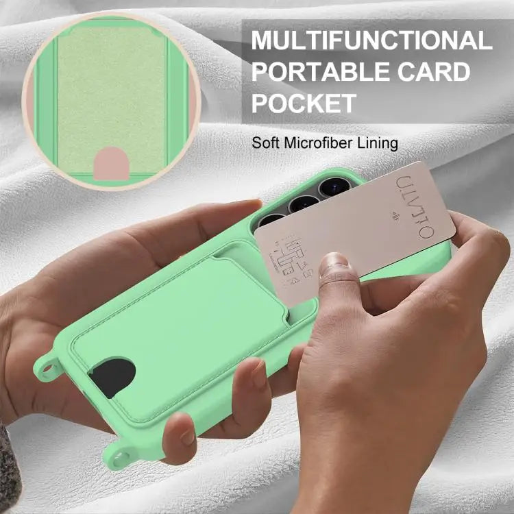 Voor Samsung Galaxy S25+ 5G Geïntegreerde Kaarthouder Effen Kleur Vloeibare Siliconen Telefoonhoes Gen2 met Korte Lanyard (Groen)