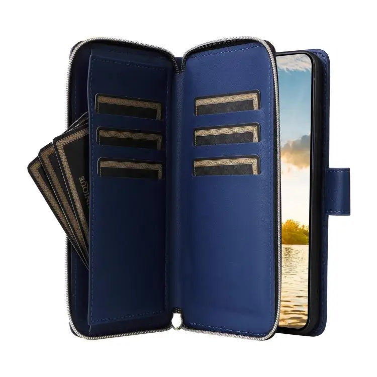 Voor Samsung Galaxy S25 FE 5G, portemonnee met negen kaartsleuven, leren telefoonhoesje met rits (blauw)