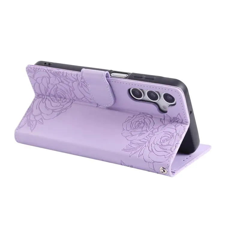 Voor Samsung Galaxy S25 FE 5G Rozenbloem Reliëf Leren Telefoonhoesje met 3 Kaartsleuven (Paars)