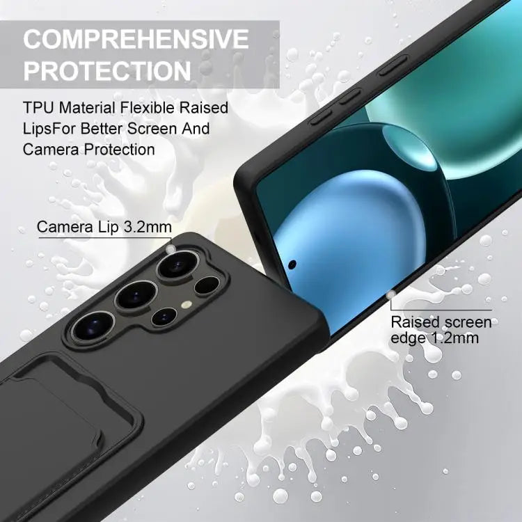 Voor Samsung Galaxy S25 Ultra 5G Geïntegreerde Kaarthouder Effen Kleur Vloeibare Siliconen Telefoonhoes Gen2 met Korte Lanyard (Zwart)