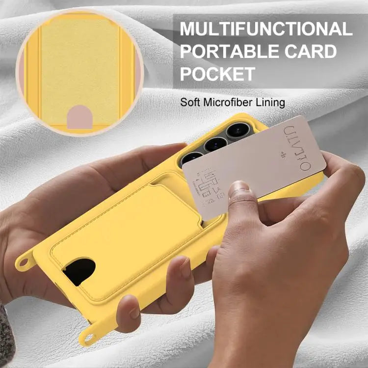 Voor Samsung Galaxy S25 Ultra 5G Geïntegreerde Kaarthouder Effen Kleur Vloeibare Siliconen Telefoonhoes Gen2 met Korte Lanyard (Geel)