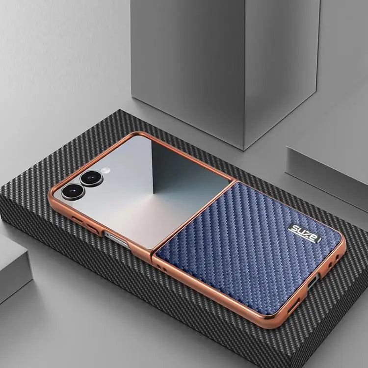 Voor Samsung Galaxy Z Flip7 5G AZNS gegalvaniseerde rand koolstofvezel textuur telefoonhoesje (blauw)