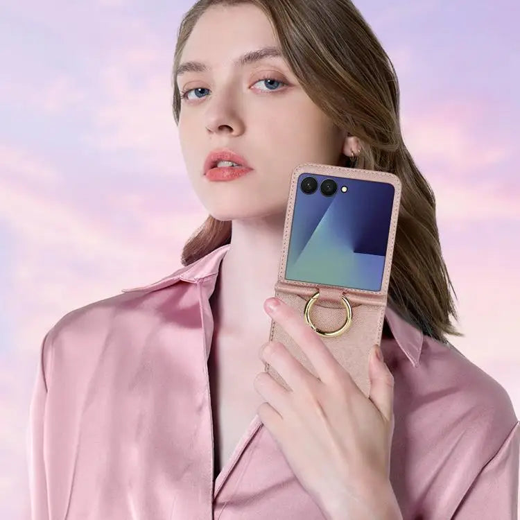 Voor Samsung Galaxy Z Flip7 5G Kruistextuur Ringontwerp Kaartsleuf Leren Telefoonhoesje (Roségoud)