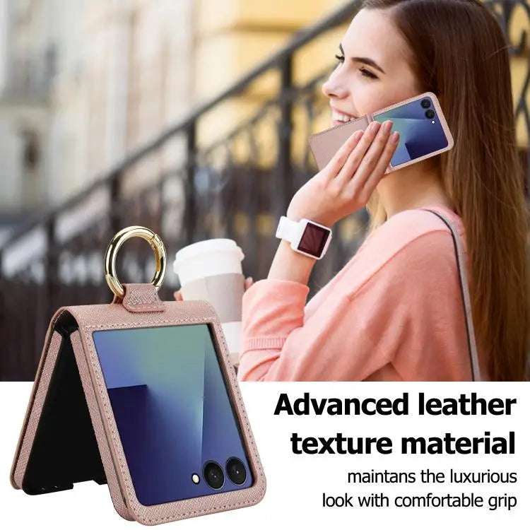 Voor Samsung Galaxy Z Flip7 5G Kruistextuur Ringontwerp Kaartsleuf Leren Telefoonhoesje (Roségoud)