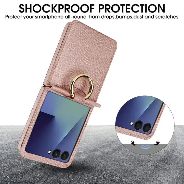 Voor Samsung Galaxy Z Flip7 5G Kruistextuur Ringontwerp Kaartsleuf Leren Telefoonhoesje (Roségoud)