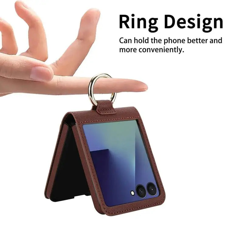Voor Samsung Galaxy Z Flip7 5G Cross Texture Ring Design Kaartsleuf Leren Telefoonhoesje (Bruin)