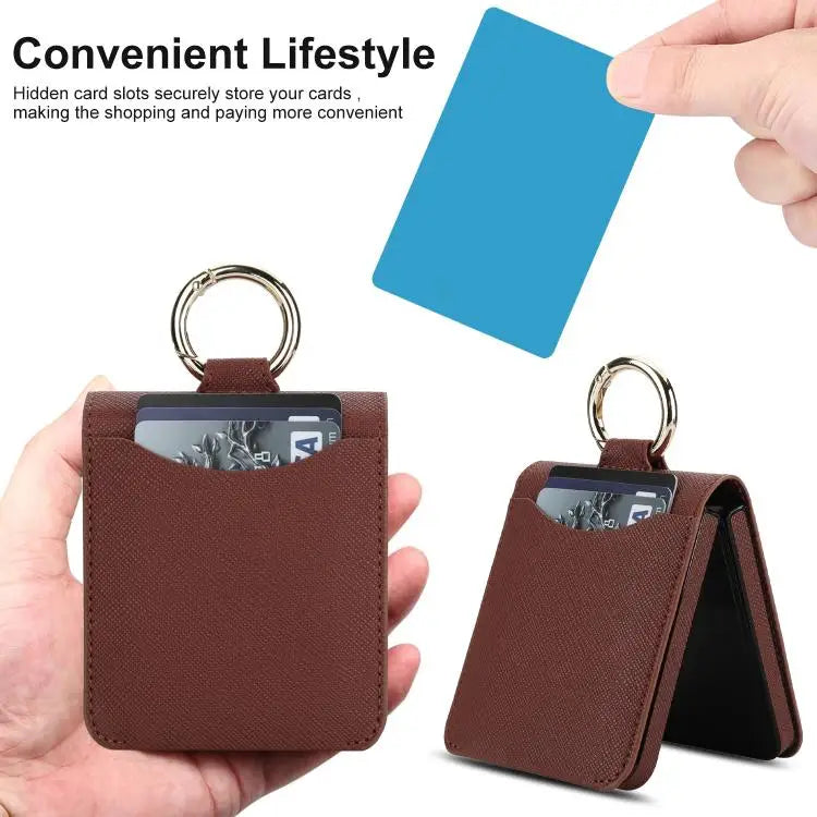 Voor Samsung Galaxy Z Flip7 5G Cross Texture Ring Design Kaartsleuf Leren Telefoonhoesje (Bruin)