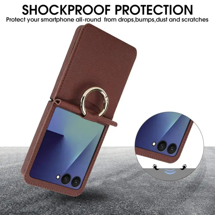 Voor Samsung Galaxy Z Flip7 5G Cross Texture Ring Design Kaartsleuf Leren Telefoonhoesje (Bruin)
