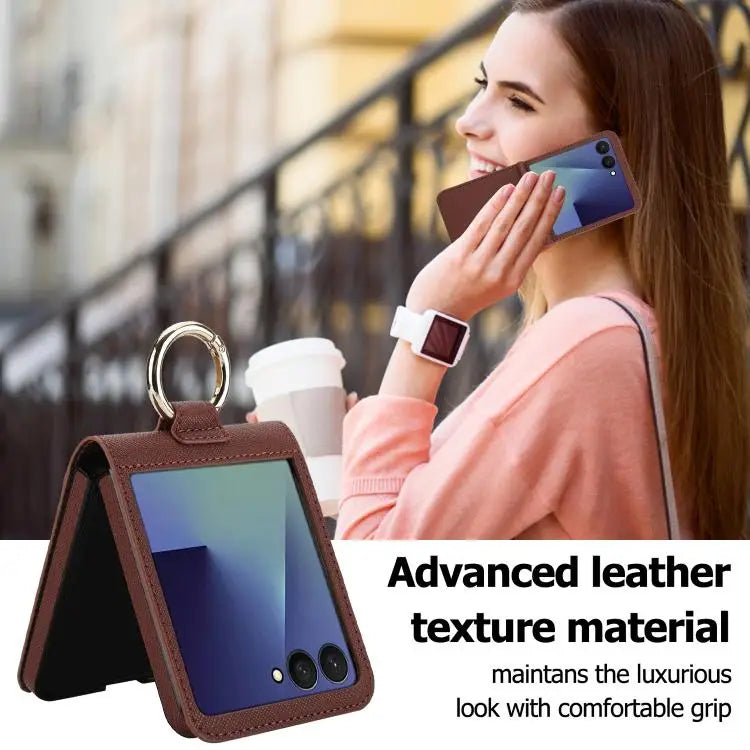 Voor Samsung Galaxy Z Flip7 5G Cross Texture Ring Design Kaartsleuf Leren Telefoonhoesje (Bruin)