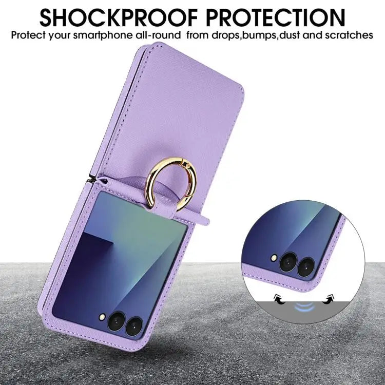 Voor Samsung Galaxy Z Flip7 5G Cross Texture Ring Design Kaartsleuf Leren Telefoonhoesje (Paars)