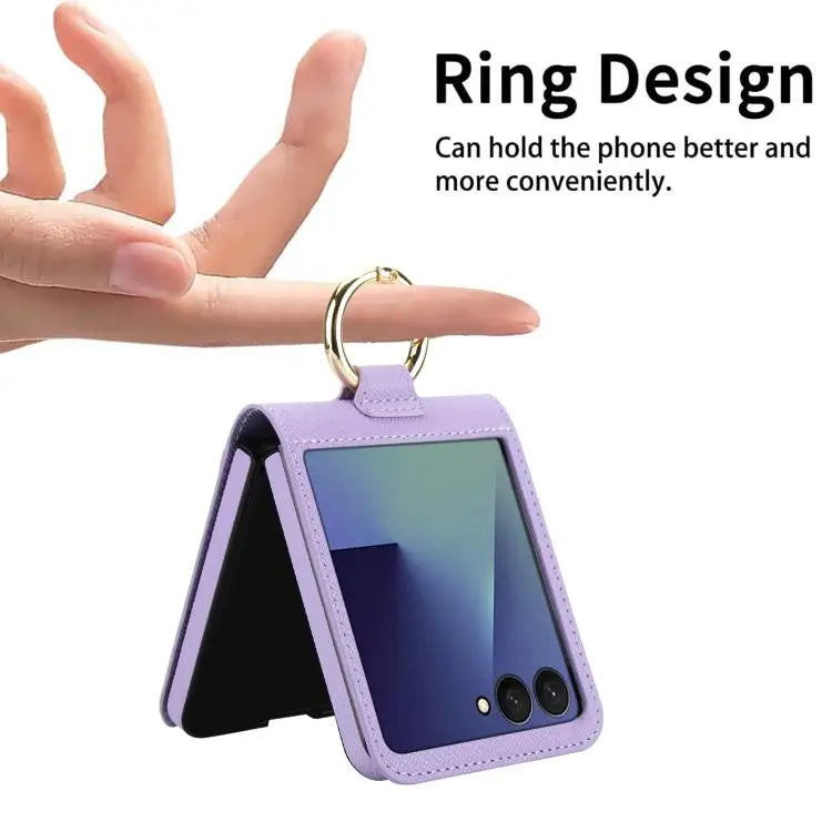 Voor Samsung Galaxy Z Flip7 5G Cross Texture Ring Design Kaartsleuf Leren Telefoonhoesje (Paars)