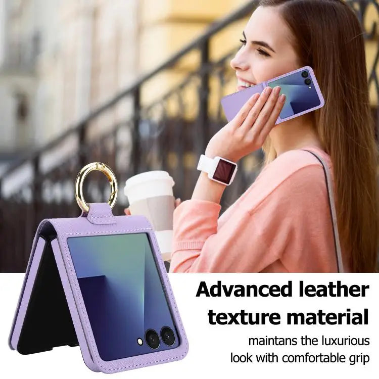 Voor Samsung Galaxy Z Flip7 5G Cross Texture Ring Design Kaartsleuf Leren Telefoonhoesje (Paars)