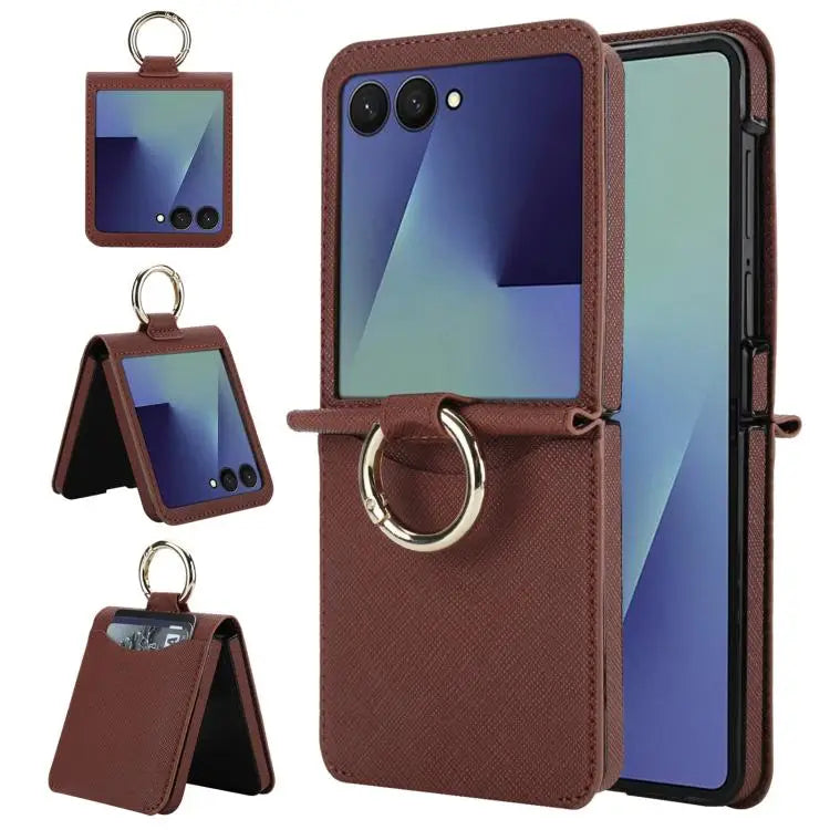 Voor Samsung Galaxy Z Flip7 5G Cross Texture Ring Design Kaartsleuf Leren Telefoonhoesje (Bruin)