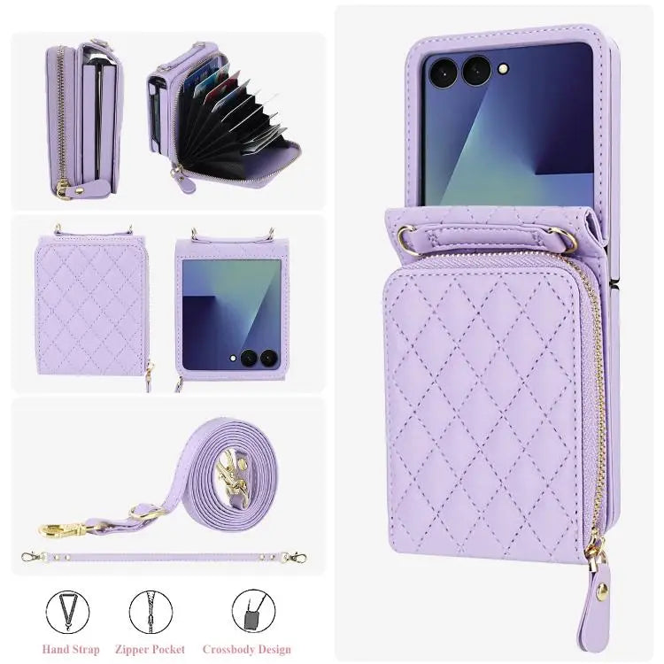 Voor Samsung Galaxy Z Flip7 5G Grote leren telefoonhoes met rits en kaartsleuf, met schouderband (paars)